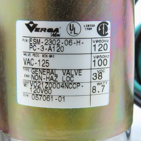 Versa Valve ESM-2302-06-H-PC-3-A120 Solenoid Drain Valve 120V 1/4" NPT