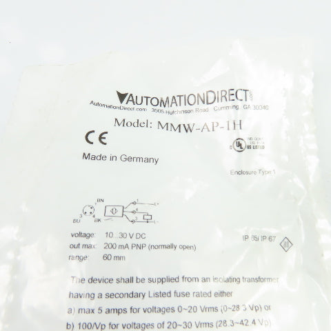 AutomationDirect MMW-AP-1H Proximity Sensor 10-30VDC 200mA PNP 60mm Range