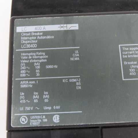 Square D LC36400 Molded Case Circuit Breaker 400A 3-Pole 600VAC