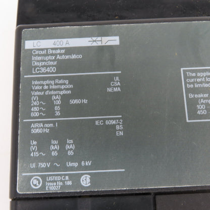 Square D LC36400 Molded Case Circuit Breaker 400A 3-Pole 600VAC