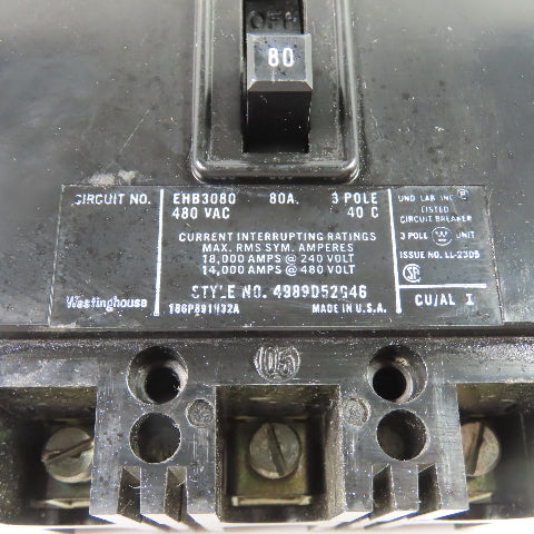 Westinghouse EHB3080 Circuit Breaker 80A 3 Pole 480VAC