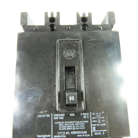 Westinghouse EHB3080 Circuit Breaker 80A 3 Pole 480VAC