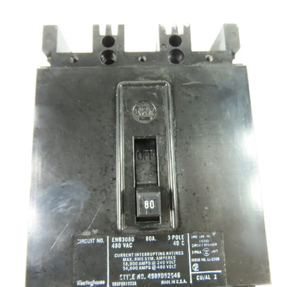 Westinghouse EHB3080 Circuit Breaker 80A 3 Pole 480VAC