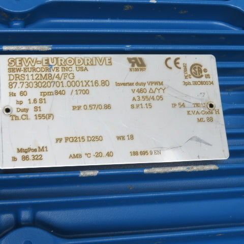 SEW-EURODRIVE DRS112M8/4/FG 1.6HP 2 Speed Electric Motor 460V 3Ph 840/1700RPM