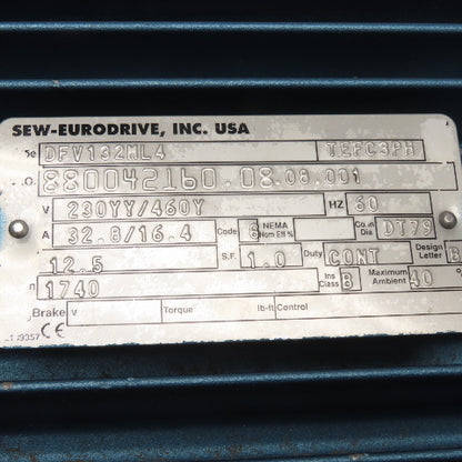 SEW-EURODRIVE DFV132ML4 12.5HP Electric Motor 230/460V 3Ph 1740RPM