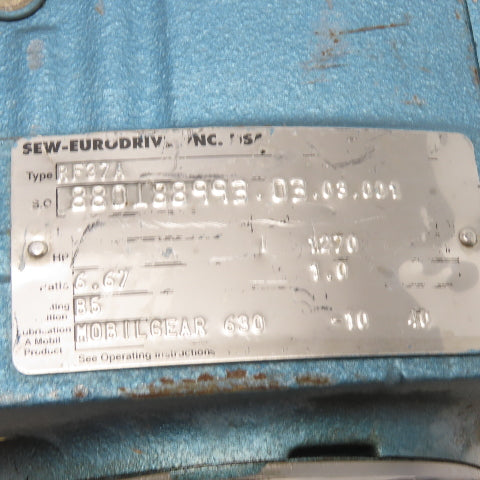 SEW-EURODRIVE RF37A Inline Helical Gearbox Speed Reducer 6.67 Ratio Flange Mount
