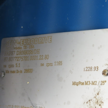 SEW-EURODRIVE FAF87 DRN90S6/DH 1HP Parallel Helical Gearmotor 460V 3Ph 5.1RPM