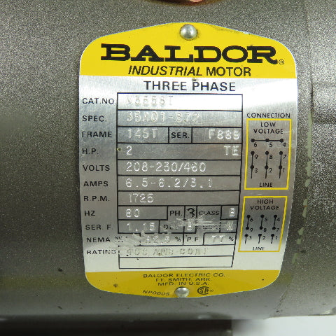 Baldor M3558T 2HP AC Electric Motor 208-230/460V 1725RPM 145T Frame 3Ph