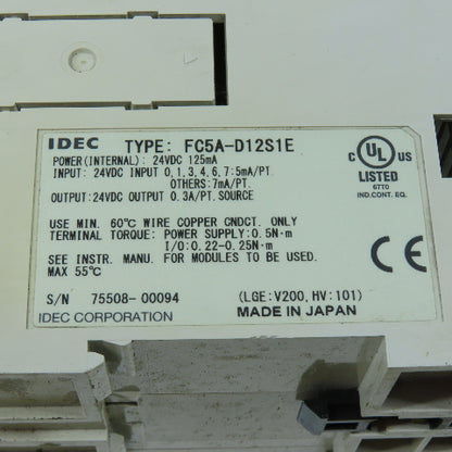 IDEC FC5A-D12S1E MicroSmart PLC CPU Module with FC4A-N16B1 Expansion Unit 24VDC