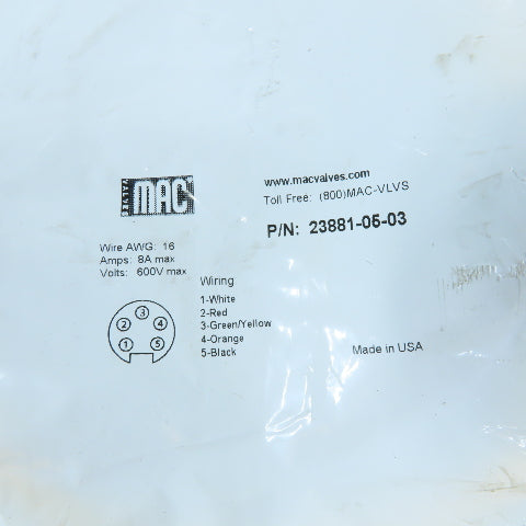 MAC Valves 23881-05-03 Single-Ended Cable 5-Pin Mini Female Pigtail 16AWG