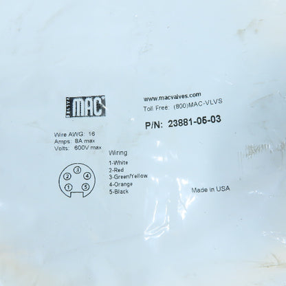 MAC Valves 23881-05-03 Single-Ended Cable 5-Pin Mini Female Pigtail 16AWG