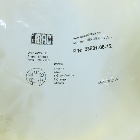 MAC Valves 23881-05-12 Single-Ended Cable 5-Pin Mini Female Pigtail 16AWG Yellow