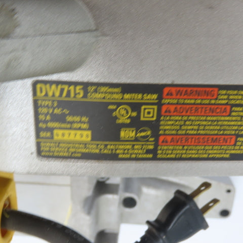DeWalt DW715 12" Compound Miter Saw 120VAC 15A 4000RPM 90°