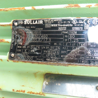 Sullair SU-88292015-451-W22 15HP Electric Motor 208-230/460V 3560RPM 160M Frame