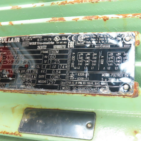 Sullair SU-88292015-451-W22 15HP Electric Motor 208-230/460V 3560RPM 160M Frame