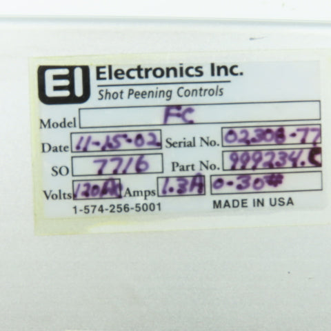 Electronics Inc. 999234.C FC Shot Peening Flow Controller 120VAC 1.3A 6Hz-25Hz