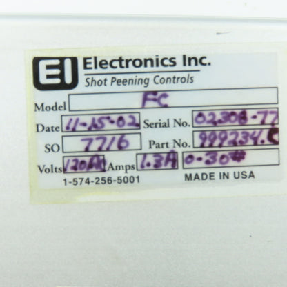 Electronics Inc. 999234.C FC Shot Peening Flow Controller 120VAC 1.3A 6Hz-25Hz
