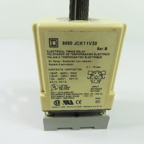 Square D 9050 JCK11V20 On Delay Electrical Timing Relay 120VAC 110VDC w/ Base
