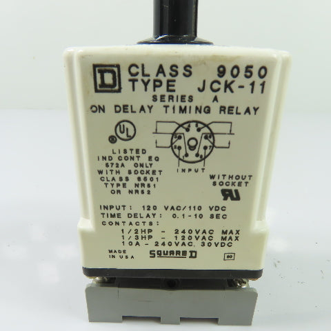Square D 9050 JCK-11 On Delay Timing Relay 120VAC/110VDC 0.1-10 Sec W/ Base