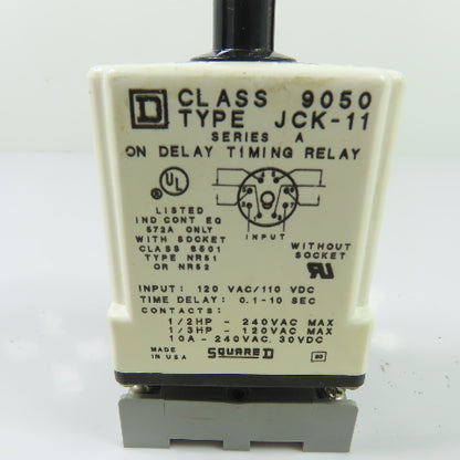Square D 9050 JCK-11 On Delay Timing Relay 120VAC/110VDC 0.1-10 Sec W/ Base