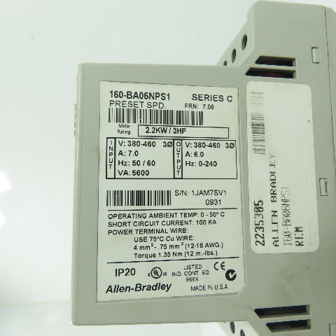 Allen-Bradley 160-BA06NPS1 3HP 2.2kW Variable Frequency Drive 380-460VAC 3Ph