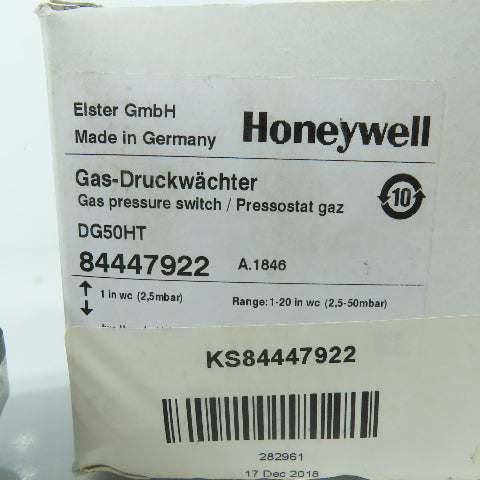 Honeywell 84447922 DG50HT Gas Pressure Switch 1-20 in. wc Manual Reset