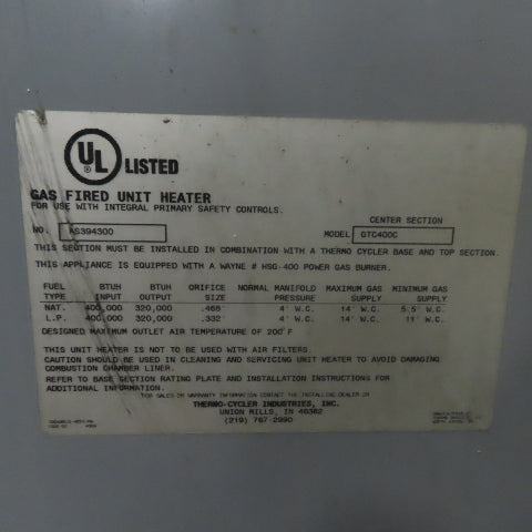 Thermo-Cycler GTC400C 400,000 BTU/Hr Industrial Gas Fired Heating Unit 110V 1Ph