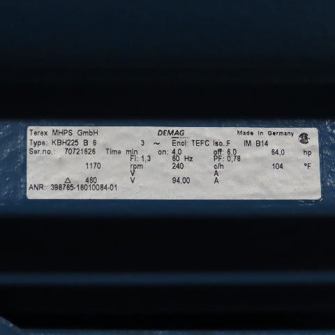 Demag KBH225 B 6 64HP Conical Crane Hoist Brake Motor 460V 1170RPM 3Ph