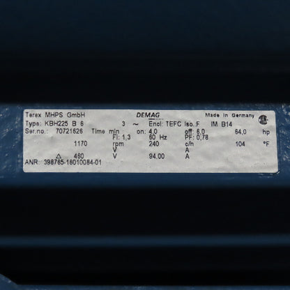 Demag KBH225 B 6 64HP Conical Crane Hoist Brake Motor 460V 1170RPM 3Ph