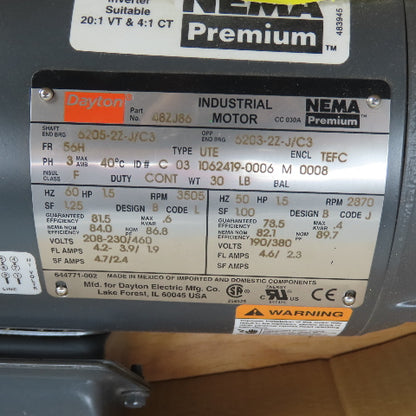 Dayton 48ZJ86 1.5HP Electric Motor 208-230/460V 3505RPM 56H NEW