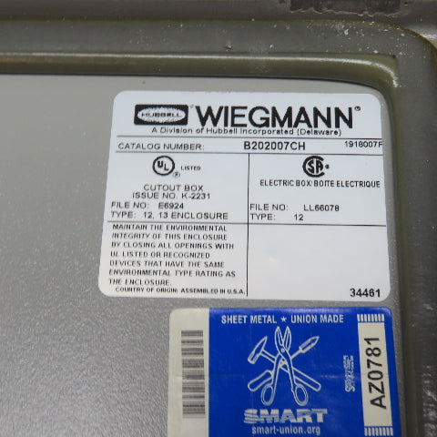 Wiegmann B202007CH 20" x 20" x 7" Electrical Enclosure W/ Back Plate