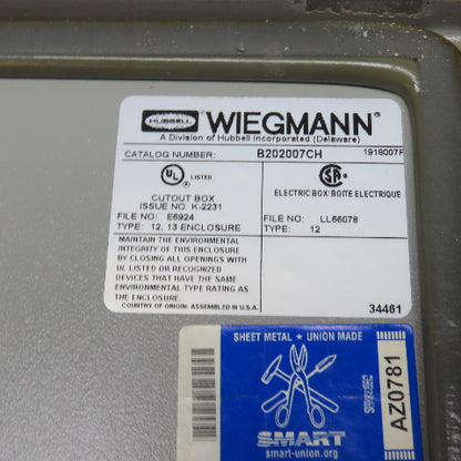 Wiegmann B202007CH 20" x 20" x 7" Electrical Enclosure W/ Back Plate