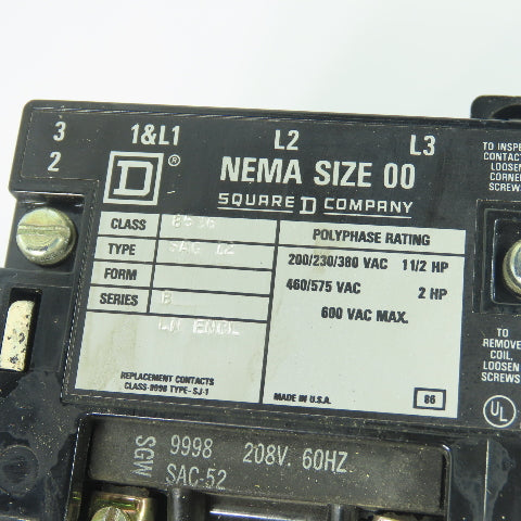 Square D 8536 SAG 12 NEMA Size 00 Magnetic Motor Starter 208V Coil 3Ph 600VAC