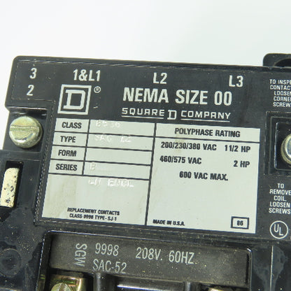 Square D 8536 SAG 12 NEMA Size 00 Magnetic Motor Starter 208V Coil 3Ph 600VAC