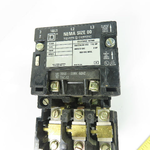 Square D 8536 SAG 12 NEMA Size 00 Magnetic Motor Starter 208V Coil 3Ph 600VAC