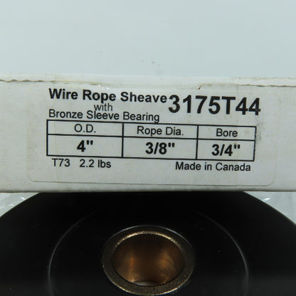 McMaster Carr 3175T44 4" Wire Rope Sheave 3/8" Rope Dia 3/4" Bore Bronze Bearing