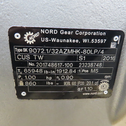 Nord SK 9072.1/32AZMHK-80LP/4 Gear Motor 1912.84:1 Ratio 1HP 3Ph 65948In-Lb