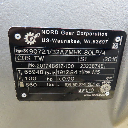Nord SK 9072.1/32AZMHK-80LP/4 Gear Motor 1912.84:1 Ratio 1HP 3Ph 65948In-Lb