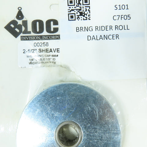 Block Division 00258 Wire Rope Sheave 2-1/2" OD 1/4" Cable 1/2" ID Bearing