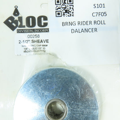 Block Division 00258 Wire Rope Sheave 2-1/2" OD 1/4" Cable 1/2" ID Bearing