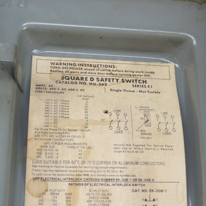 Square D HU-362 60A 3-Pole Non-Fusible Safety Disconnect Switch 600V
