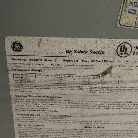 GE TH3361R 30A 3-Pole Fusible Safety Disconnect Switch 600V 3R