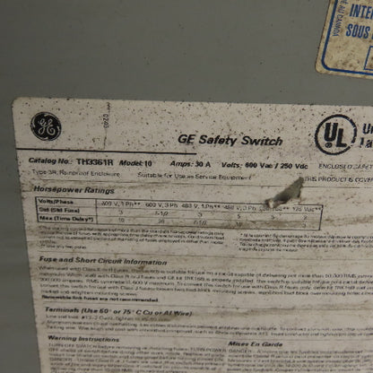 GE TH3361R 30A 3-Pole Fusible Safety Disconnect Switch 600V 3R
