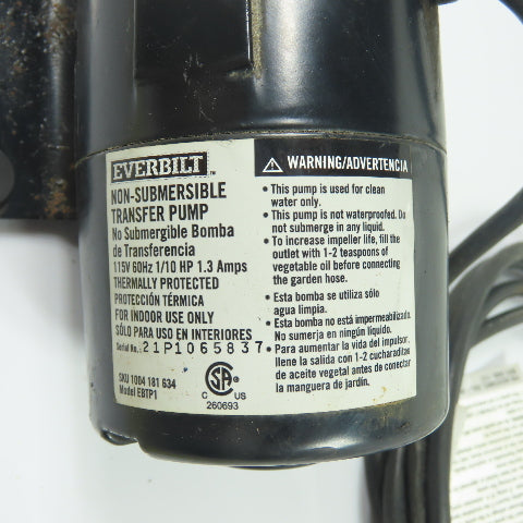 Everbilt EBTP1 1/10HP Non-Submersible Self-Priming Transfer Pump 115V 1.3A