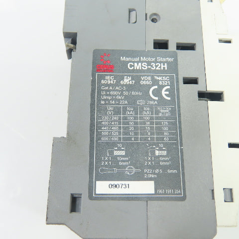 Cerus Industrial CMS-32H Manual Motor Starter 14-22A Overload Adjustment 3-Pole