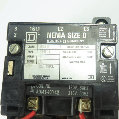 Square D 8536 SBG2 NEMA Size 0 Magnetic Motor Starter 120V Coil 600VAC Max