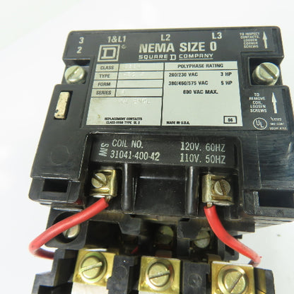 Square D 8536 SBG2 NEMA Size 0 Magnetic Motor Starter 120V Coil 600VAC Max