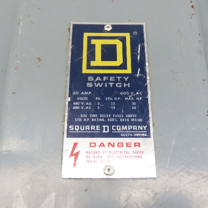 Square D H362 60A 3-Pole Single Throw Fusible Safety Disconnect Switch 600V