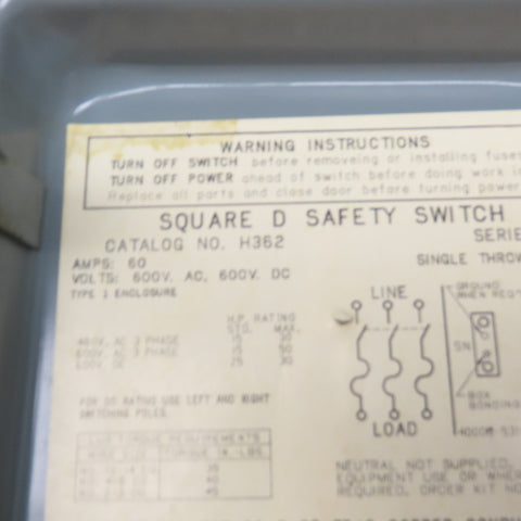Square D H362 60A 3-Pole Single Throw Fusible Safety Disconnect Switch 600V
