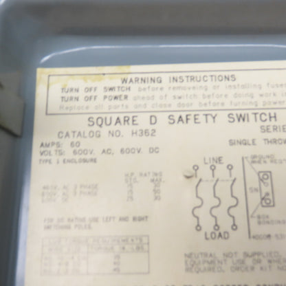 Square D H362 60A 3-Pole Single Throw Fusible Safety Disconnect Switch 600V